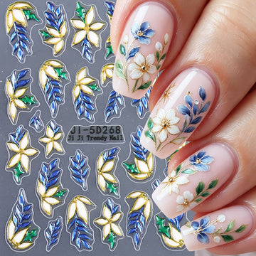 5D Floral Leaf Nail Stickers Gold Edge Embossed Nail Decals