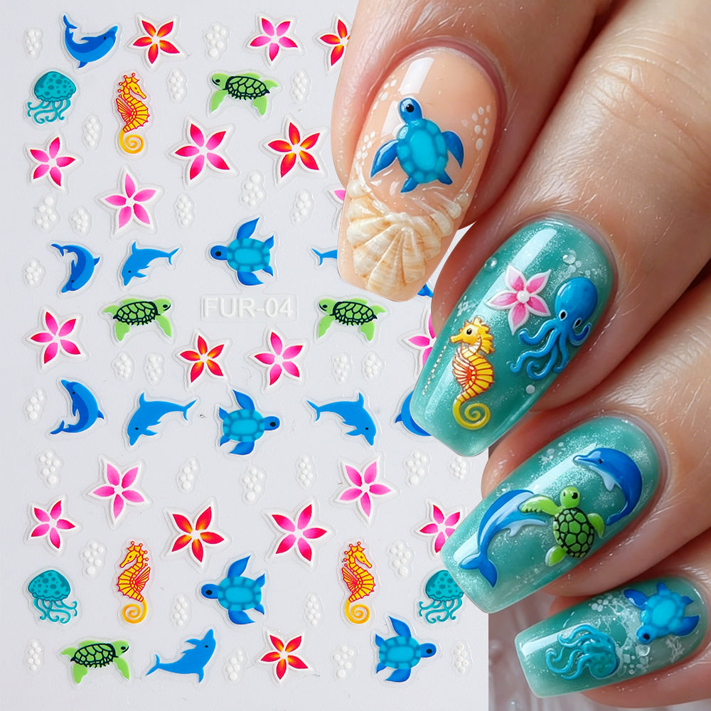 5D Ocean Animals Nail Stickers Sea Turtle Dolphin Starfish Nail Art