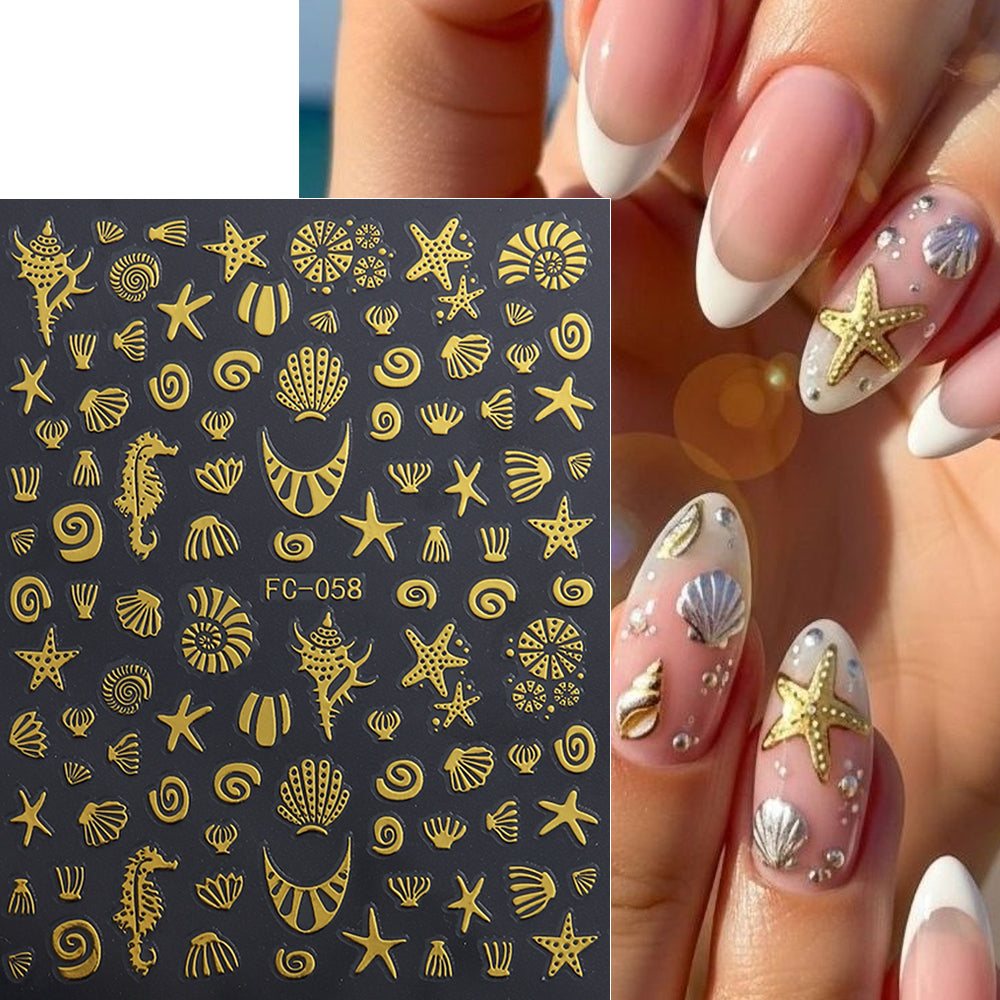 5D Summer Ocean Nail Stickers Sea Starfish Seahorse Shell Nail Decals