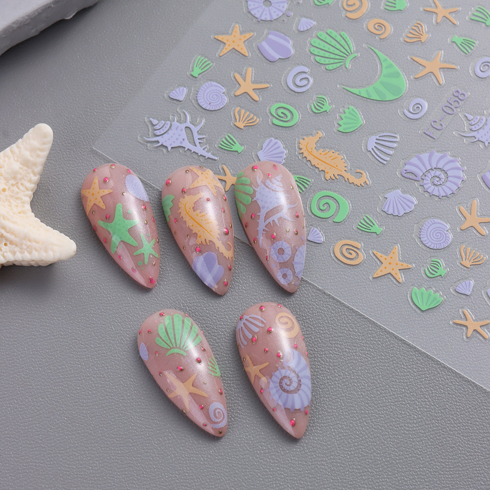 5D Summer Ocean Nail Stickers Sea Starfish Seahorse Shell Nail Decals