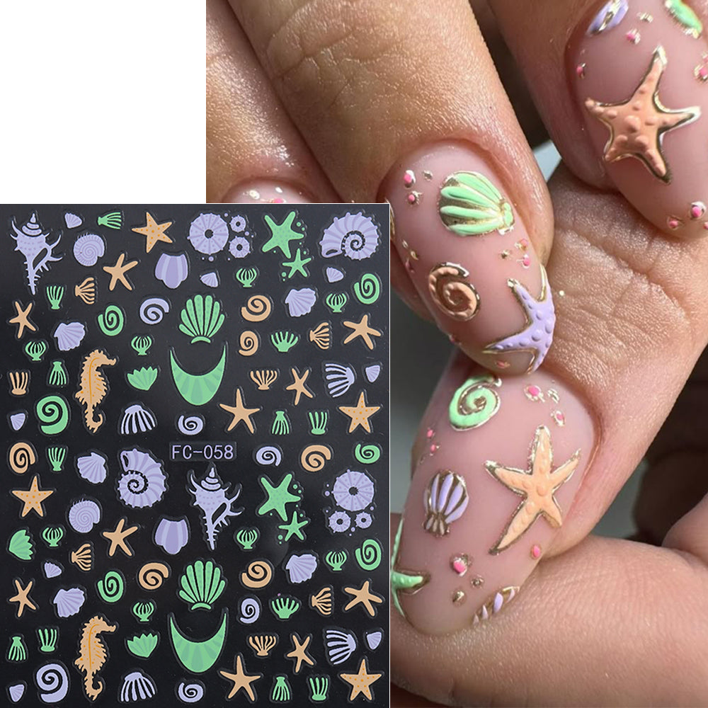 5D Summer Ocean Nail Stickers Sea Starfish Seahorse Shell Nail Decals