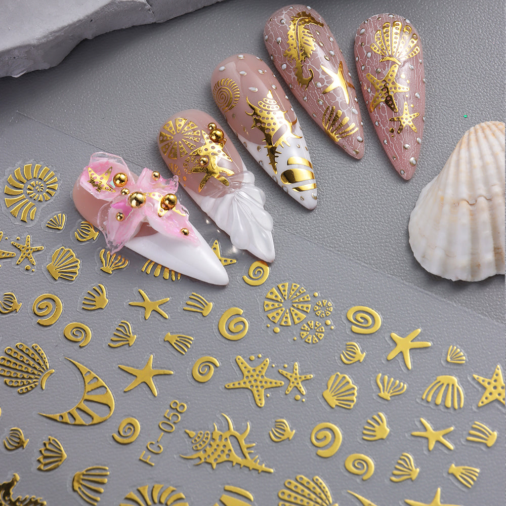 5D Summer Ocean Nail Stickers Sea Starfish Seahorse Shell Nail Decals