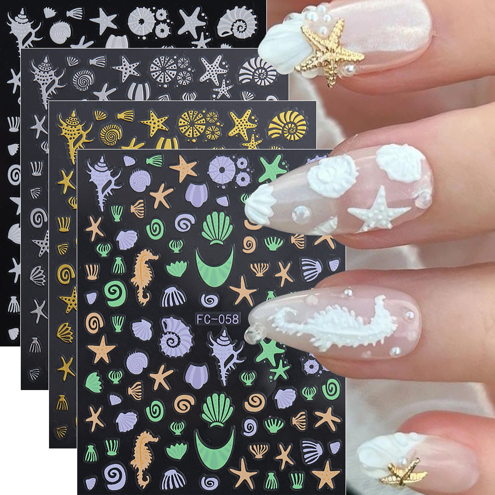 5D Summer Ocean Nail Stickers Sea Starfish Seahorse Shell Nail Decals