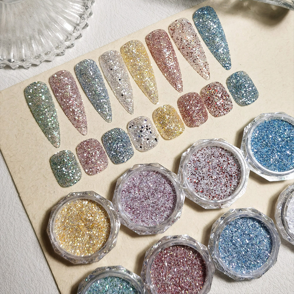 8 Colors Holographic Sugar Glitter Nail Powder Mixed Chunky Fine Glitter Nail Art Decoration