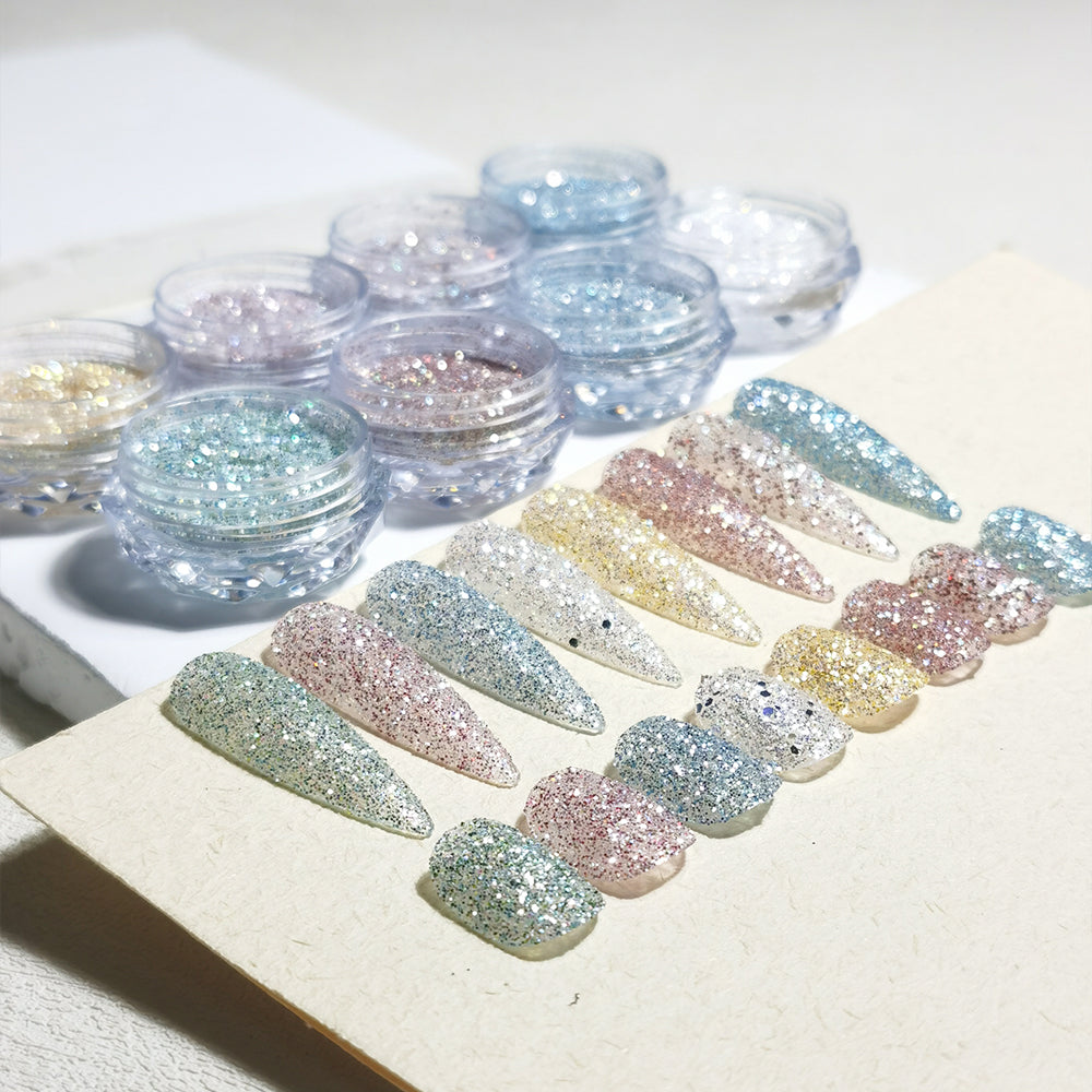 8 Colors Holographic Sugar Glitter Nail Powder Mixed Chunky Fine Glitter Nail Art Decoration