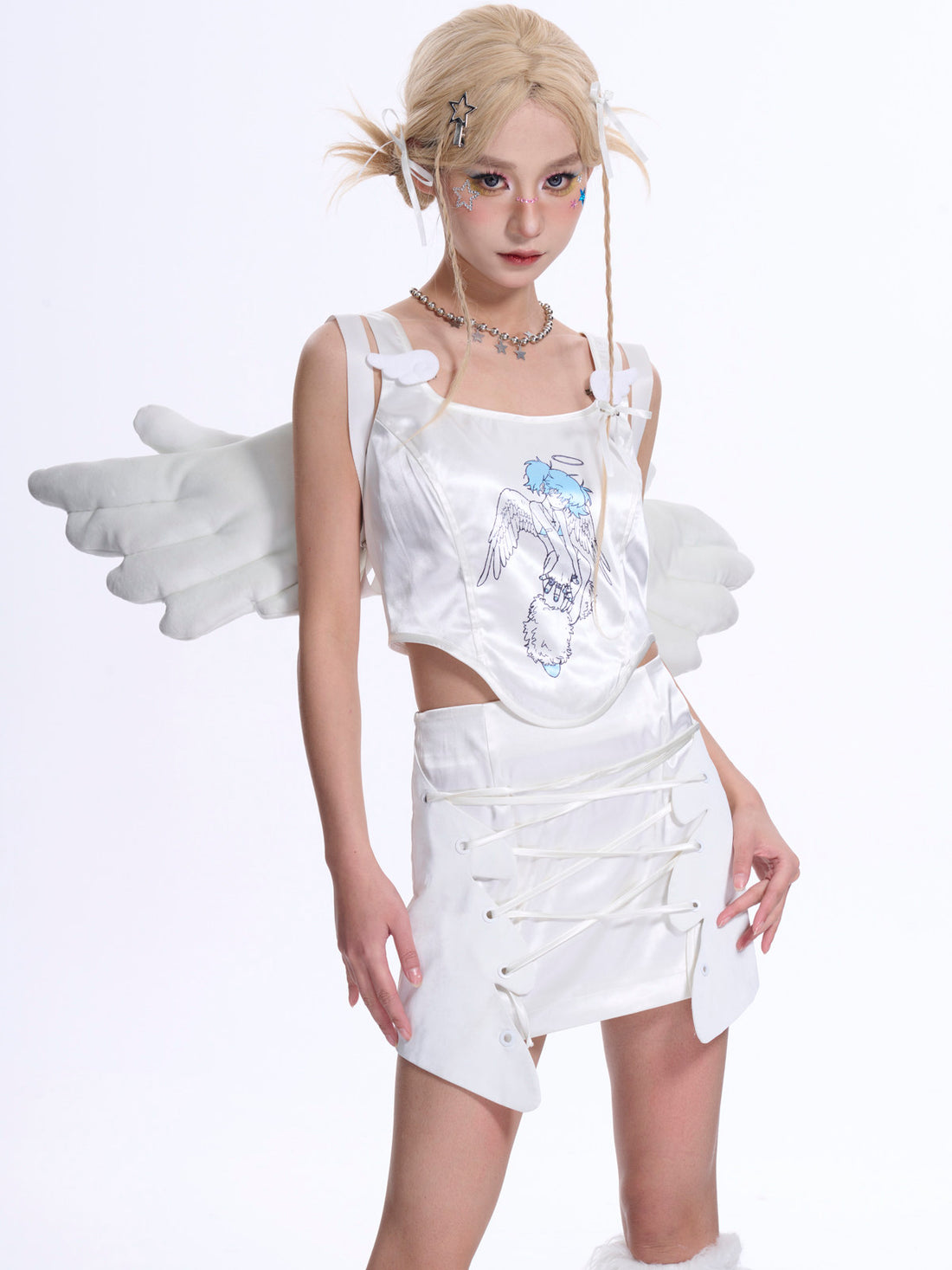 Angel Wing White Lace-Up Suede-Look Wave-Hem Mini Skirt