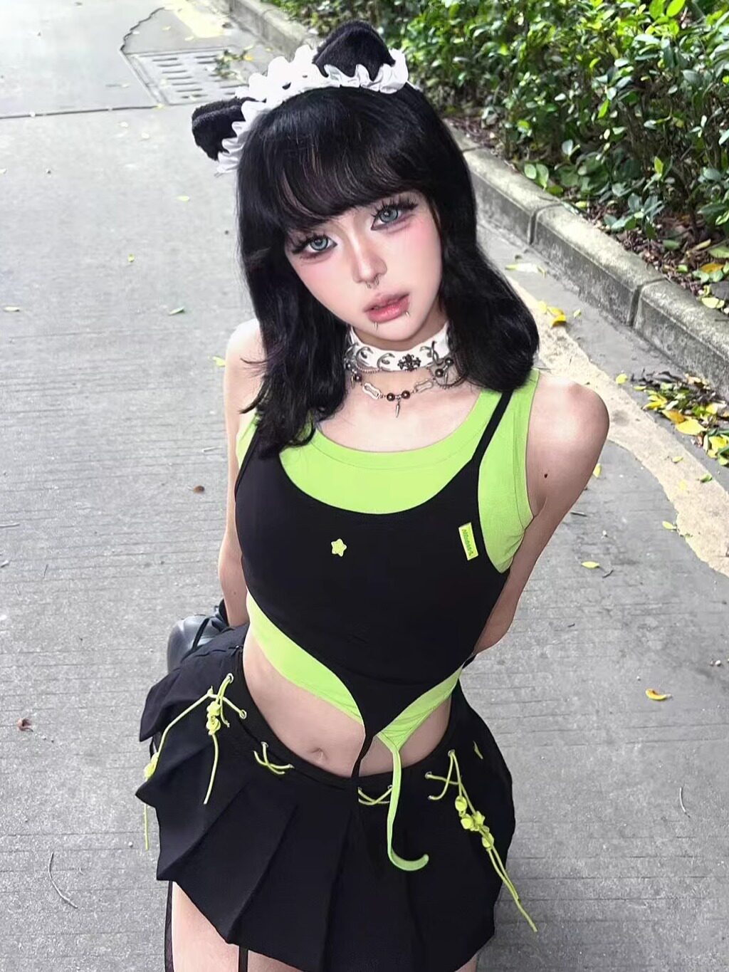 Black & Brat Green Star Layered Cutout Fitted Crop Tank Top