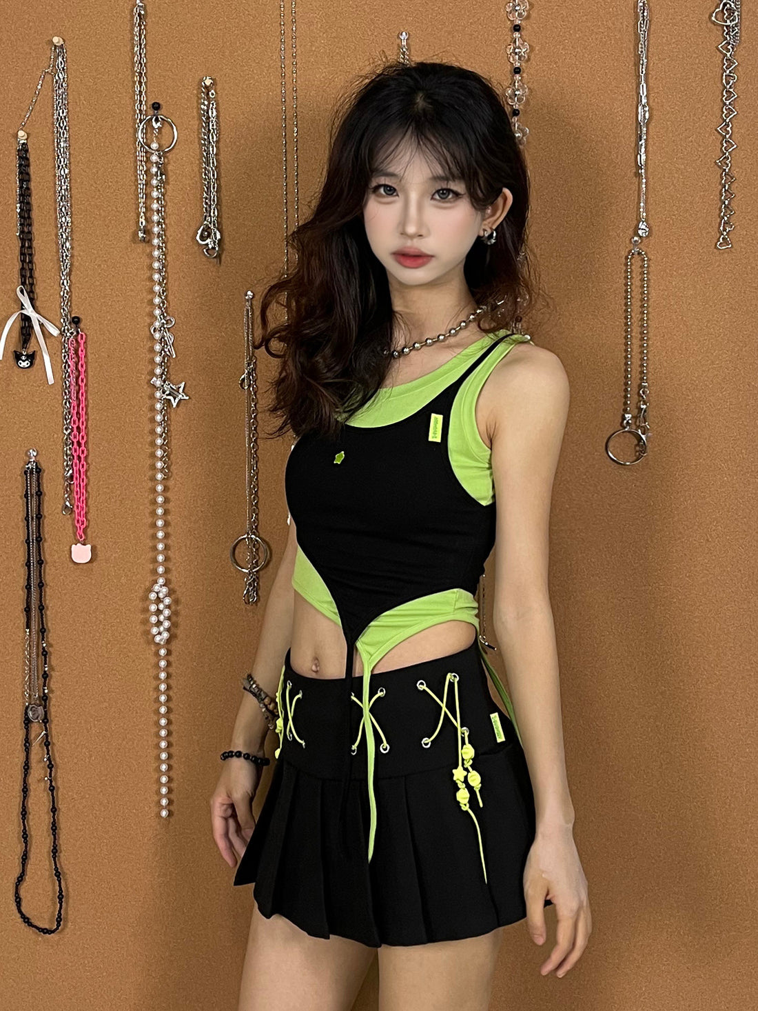 Black & Brat Green Star Layered Cutout Fitted Crop Tank Top