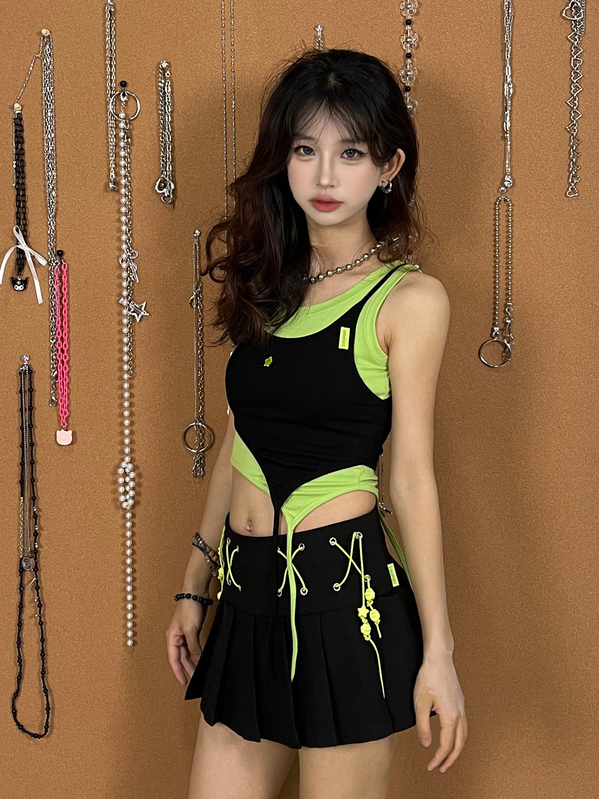 Black & Brat Green Star Layered Cutout Fitted Crop Tank Top