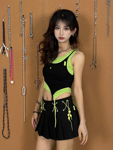 Black & Brat Green Star Layered Cutout Fitted Crop Tank Top