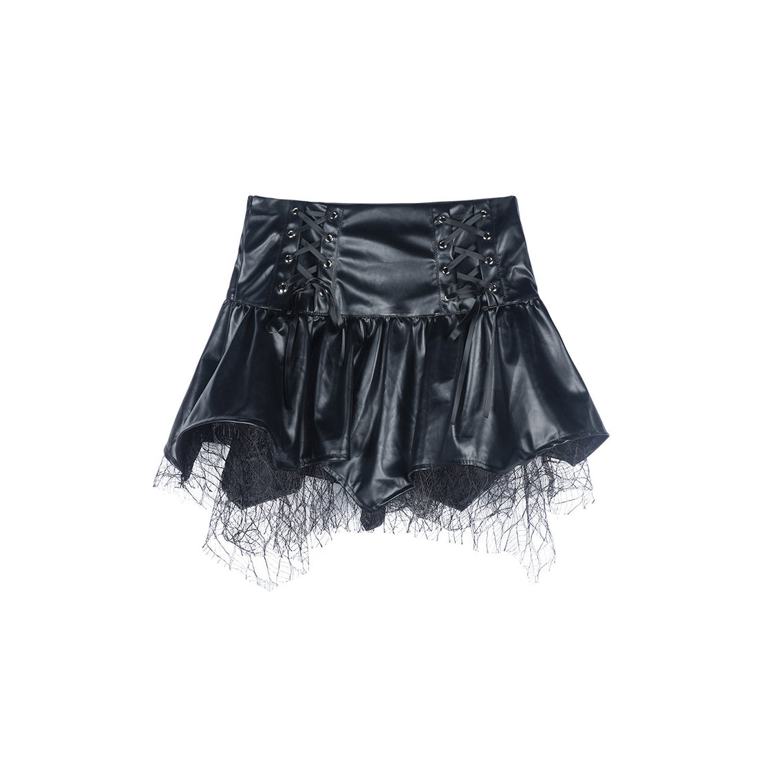 Black Faux Leather Lace-Up Mesh Ruffle Mini Skirt