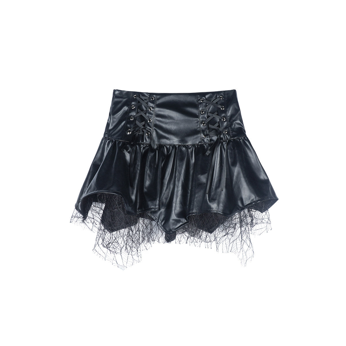 Black Faux Leather Lace-Up Mesh Ruffle Mini Skirt