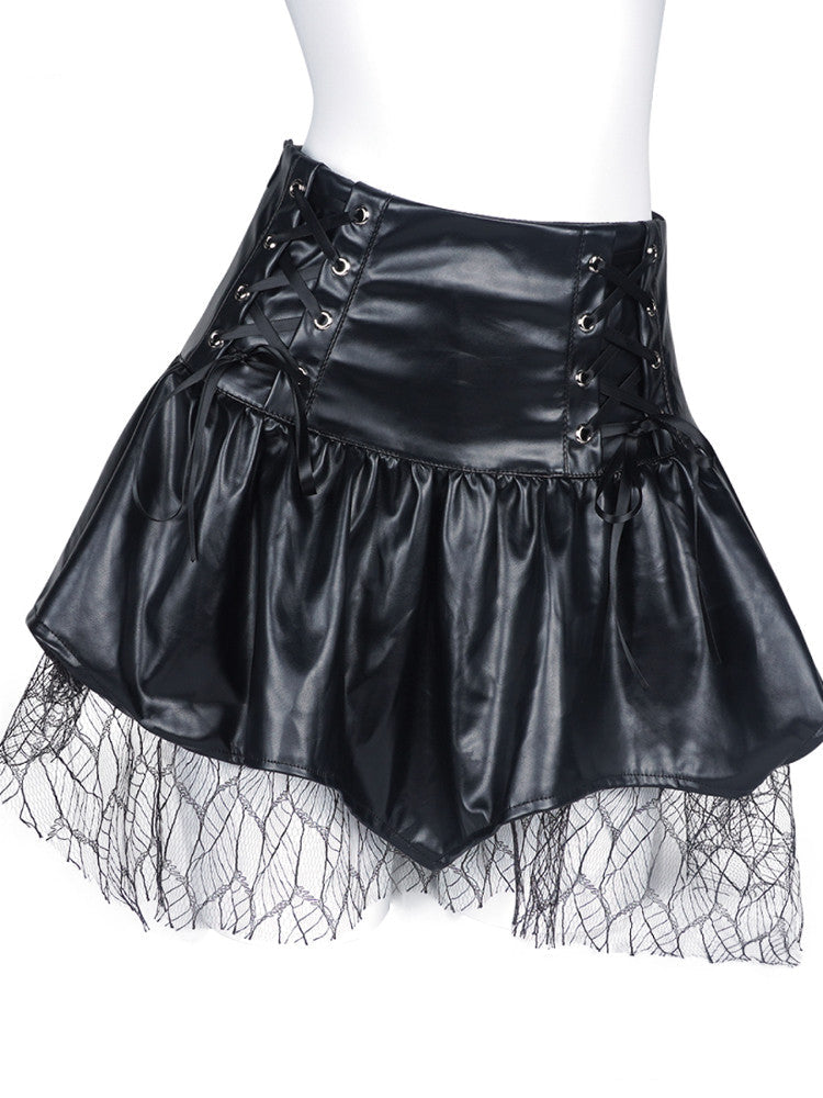Black Faux Leather Lace-Up Mesh Ruffle Mini Skirt