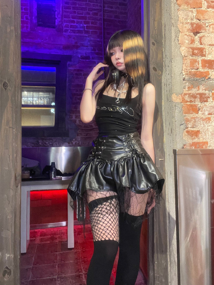 Black Faux Leather Lace-Up Mesh Ruffle Mini Skirt