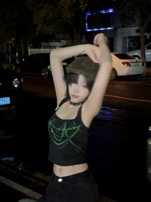 Black Green Jewel Necklace Print Rhinestone Square-Neck Tank Top