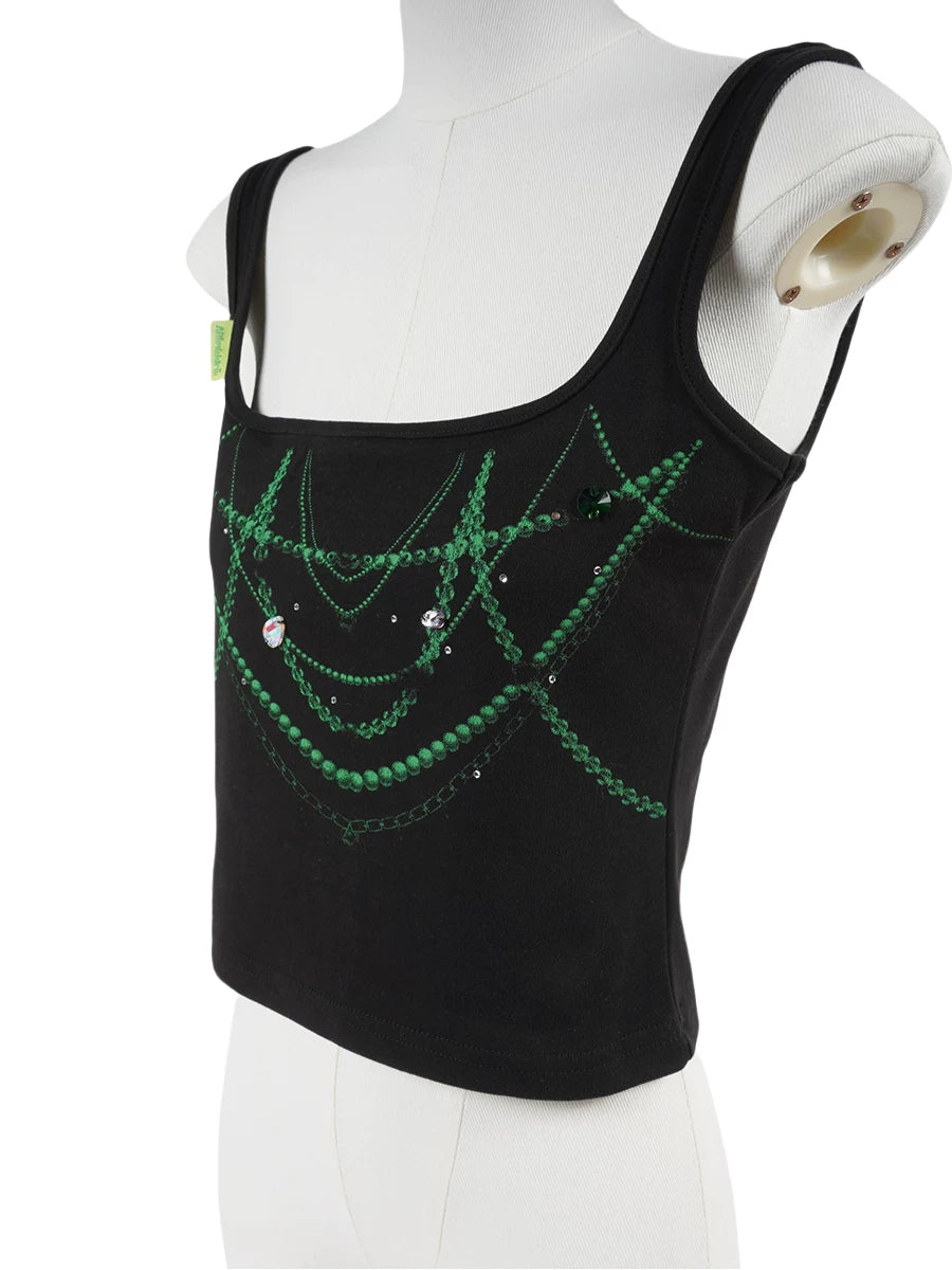 Black Green Jewel Necklace Print Rhinestone Square-Neck Tank Top