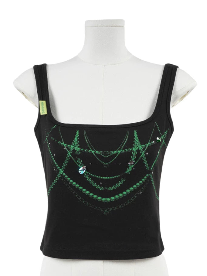Black Green Jewel Necklace Print Rhinestone Square-Neck Tank Top
