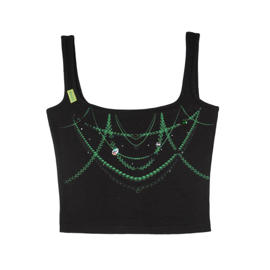 Black Green Jewel Necklace Print Rhinestone Square-Neck Tank Top