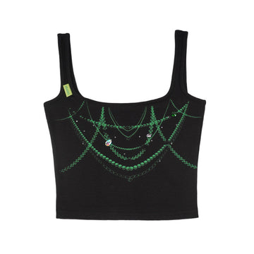 Black Green Jewel Necklace Print Rhinestone Square-Neck Tank Top