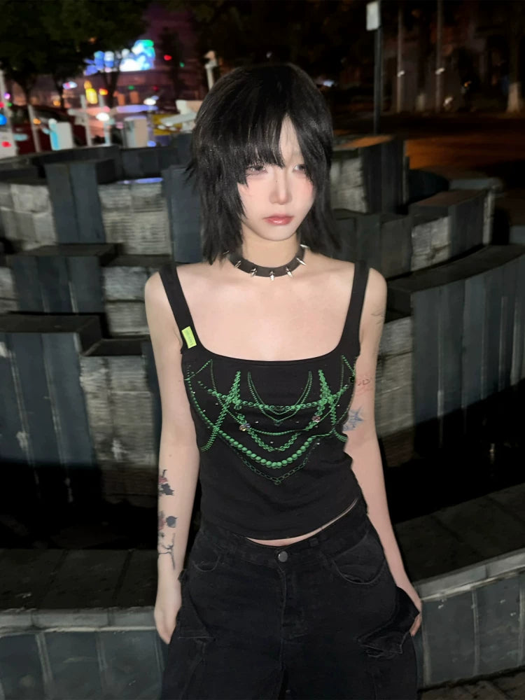 Black Green Jewel Necklace Print Rhinestone Square-Neck Tank Top