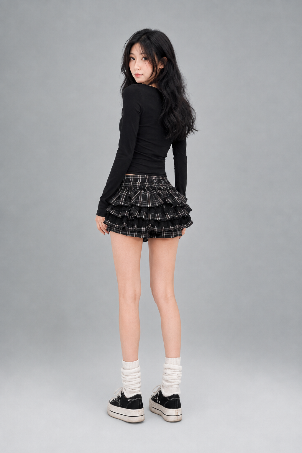 Black Grey Plaid Bow Lace Tiered High-Waist Mini Skort