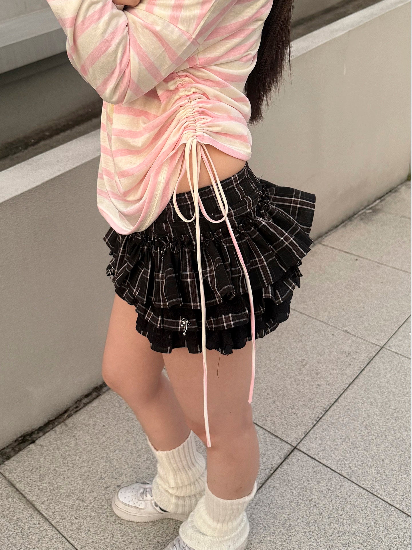 Black Grey Plaid Bow Lace Tiered High-Waist Mini Skort