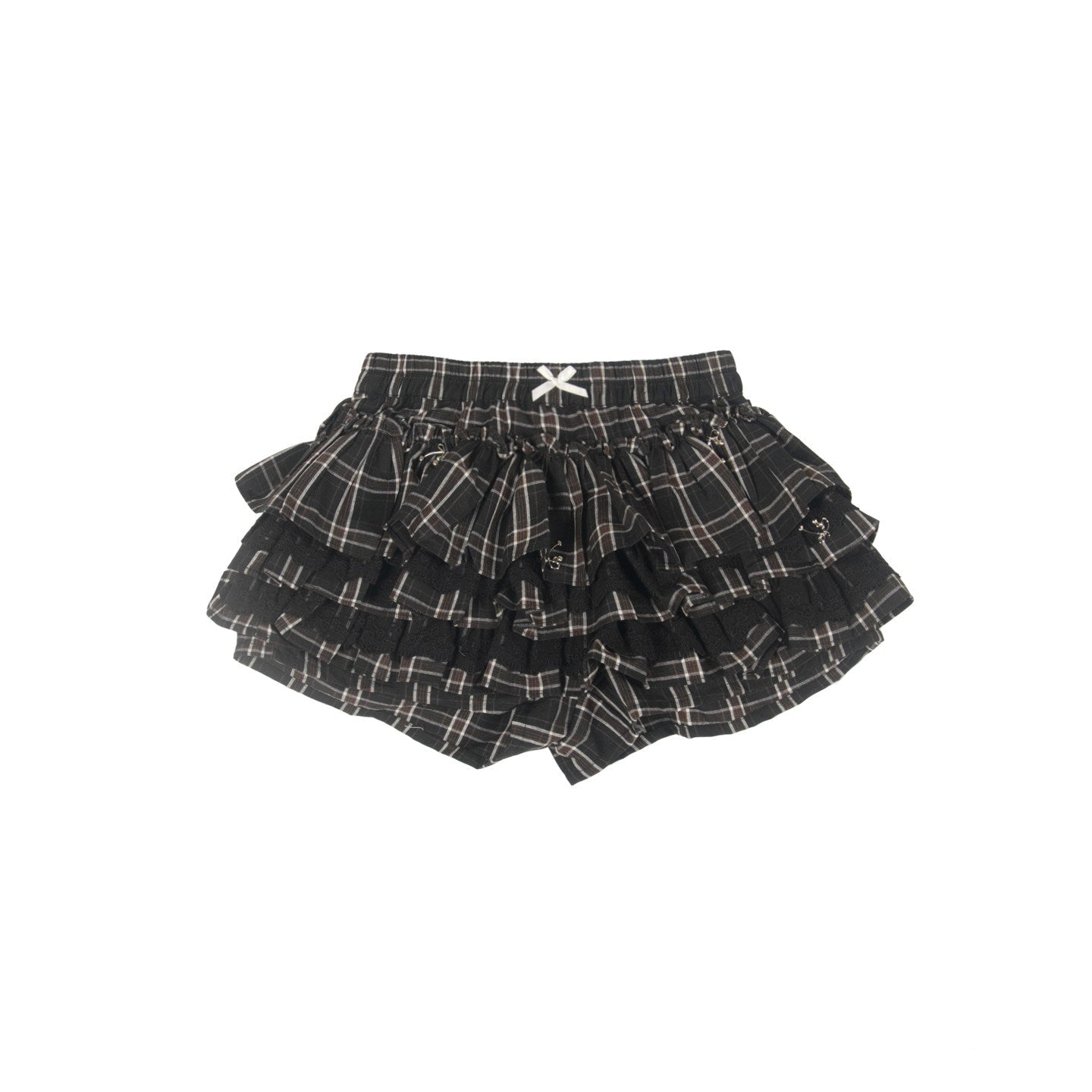 Black Grey Plaid Bow Lace Tiered High-Waist Mini Skort