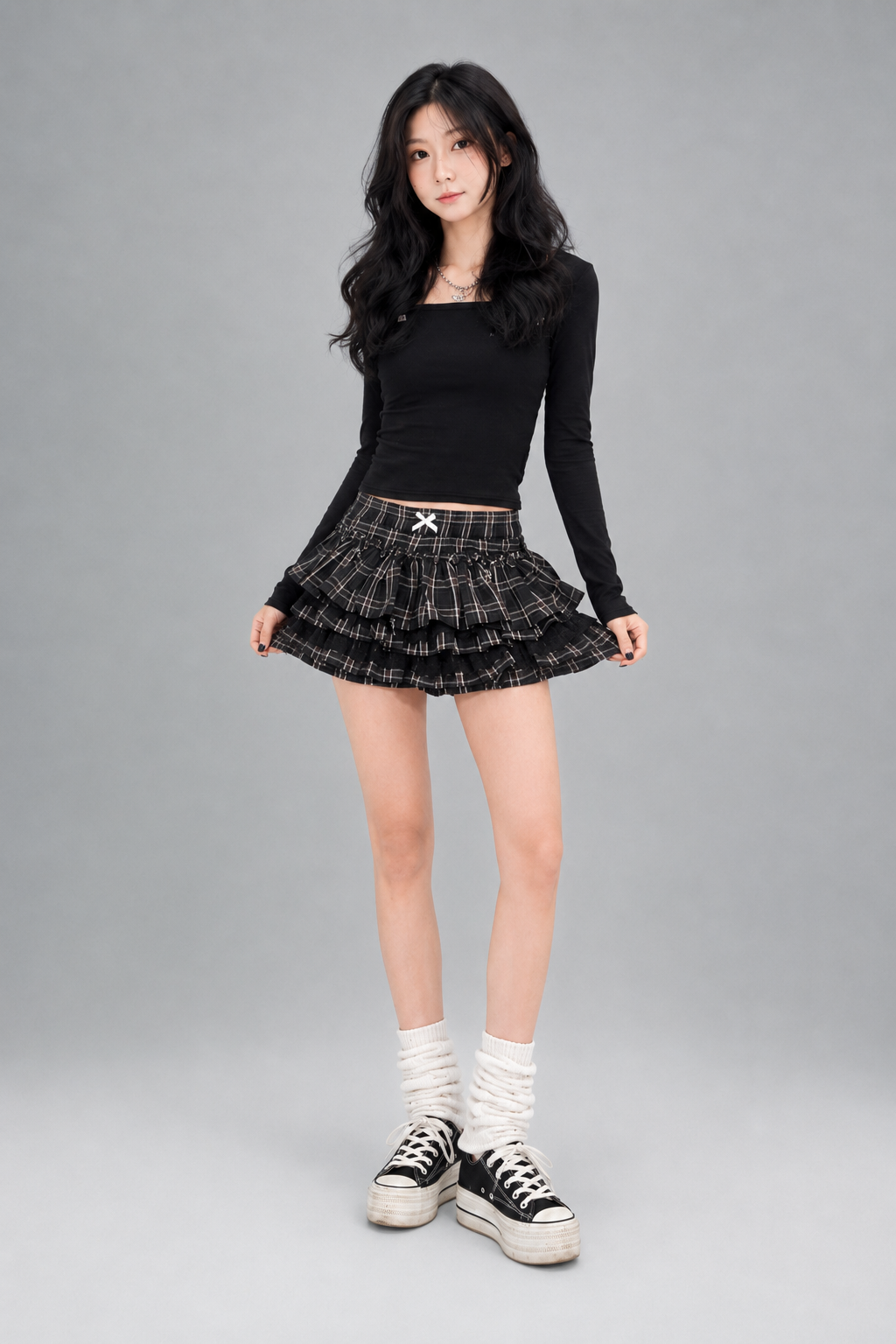 Black Grey Plaid Bow Lace Tiered High-Waist Mini Skort