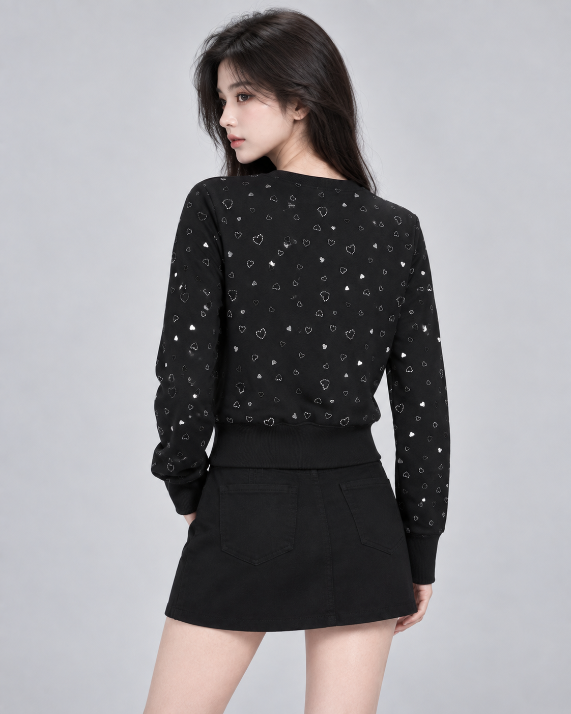 Black Heart Print Lightweight Cropped Cardigan Long Sleeve Y2K Knit Top