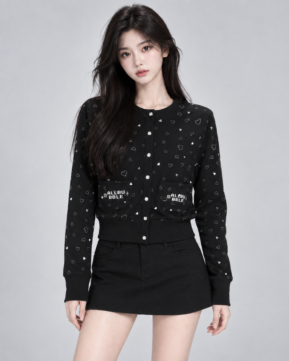 Black Heart Print Lightweight Cropped Cardigan Long Sleeve Y2K Knit Top