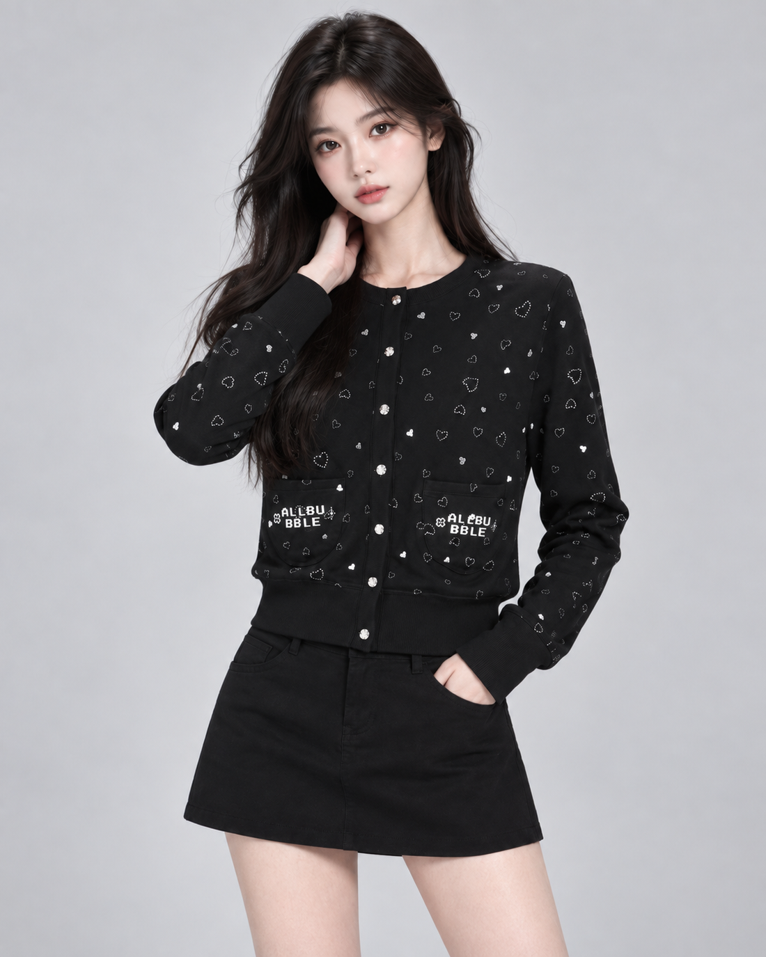 Black Heart Print Lightweight Cropped Cardigan Long Sleeve Y2K Knit Top