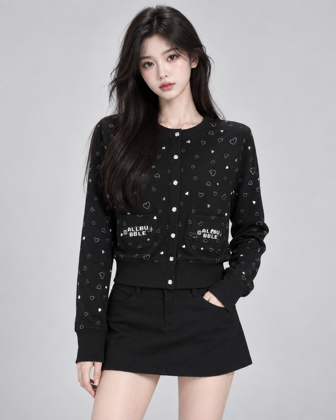 Black Heart Print Lightweight Cropped Cardigan Long Sleeve Y2K Knit Top