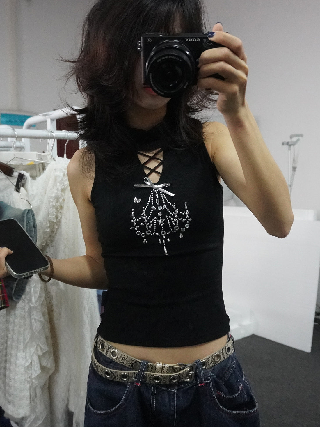 Black Lace-Up Cutout Silver Bow Chandelier Rhinestone High-Neck Top