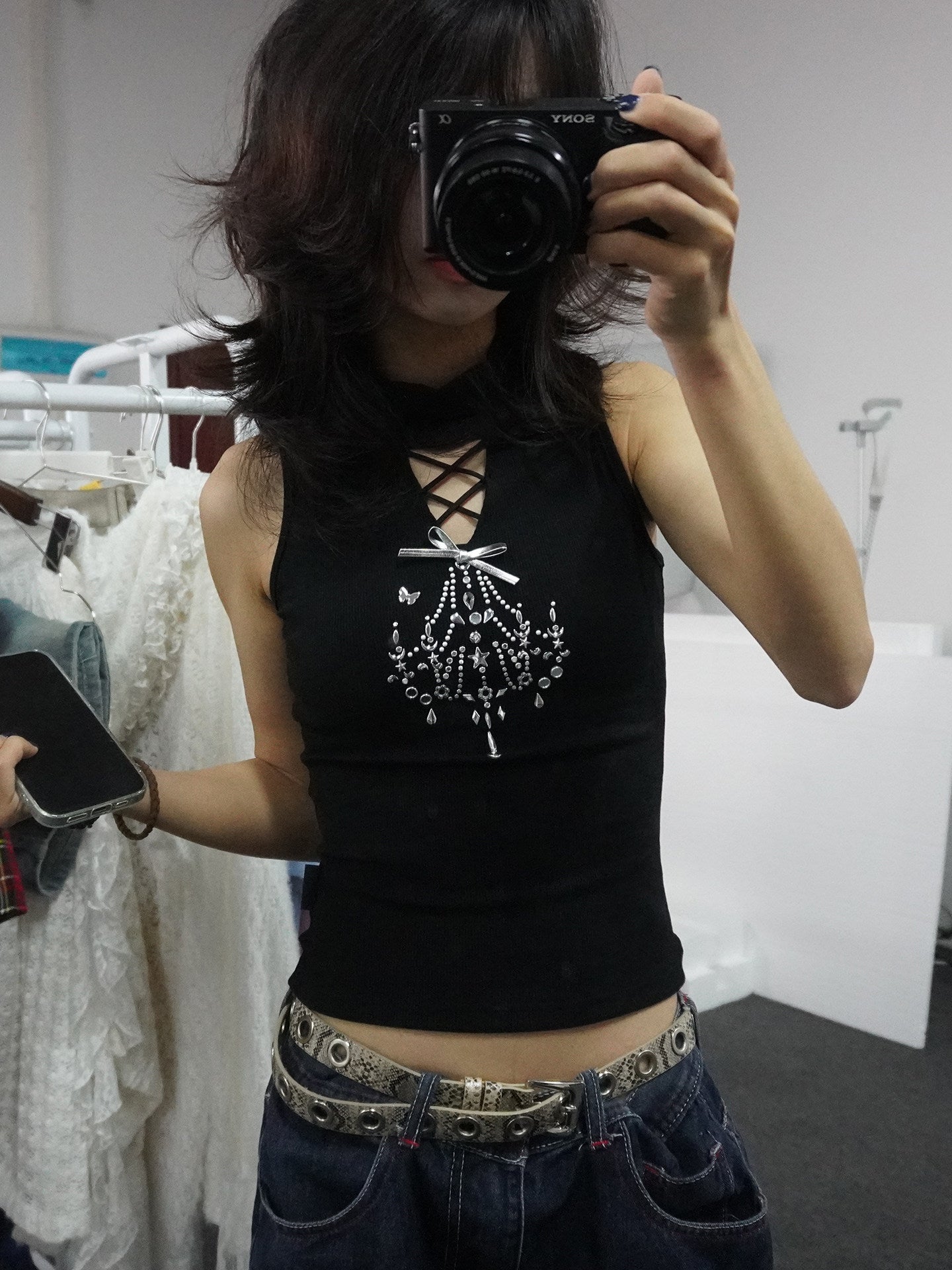 Black Lace-Up Cutout Silver Bow Chandelier Rhinestone High-Neck Top