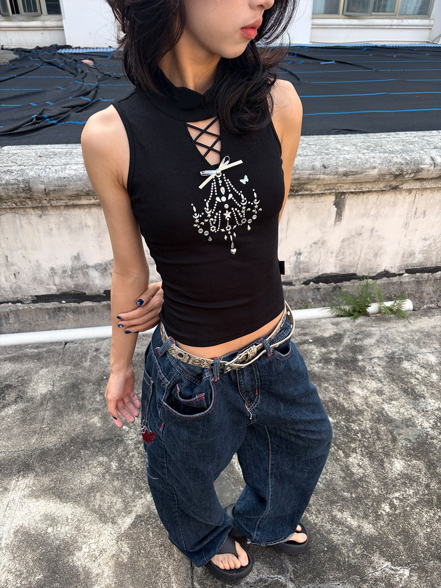 Black Lace-Up Cutout Silver Bow Chandelier Rhinestone High-Neck Top