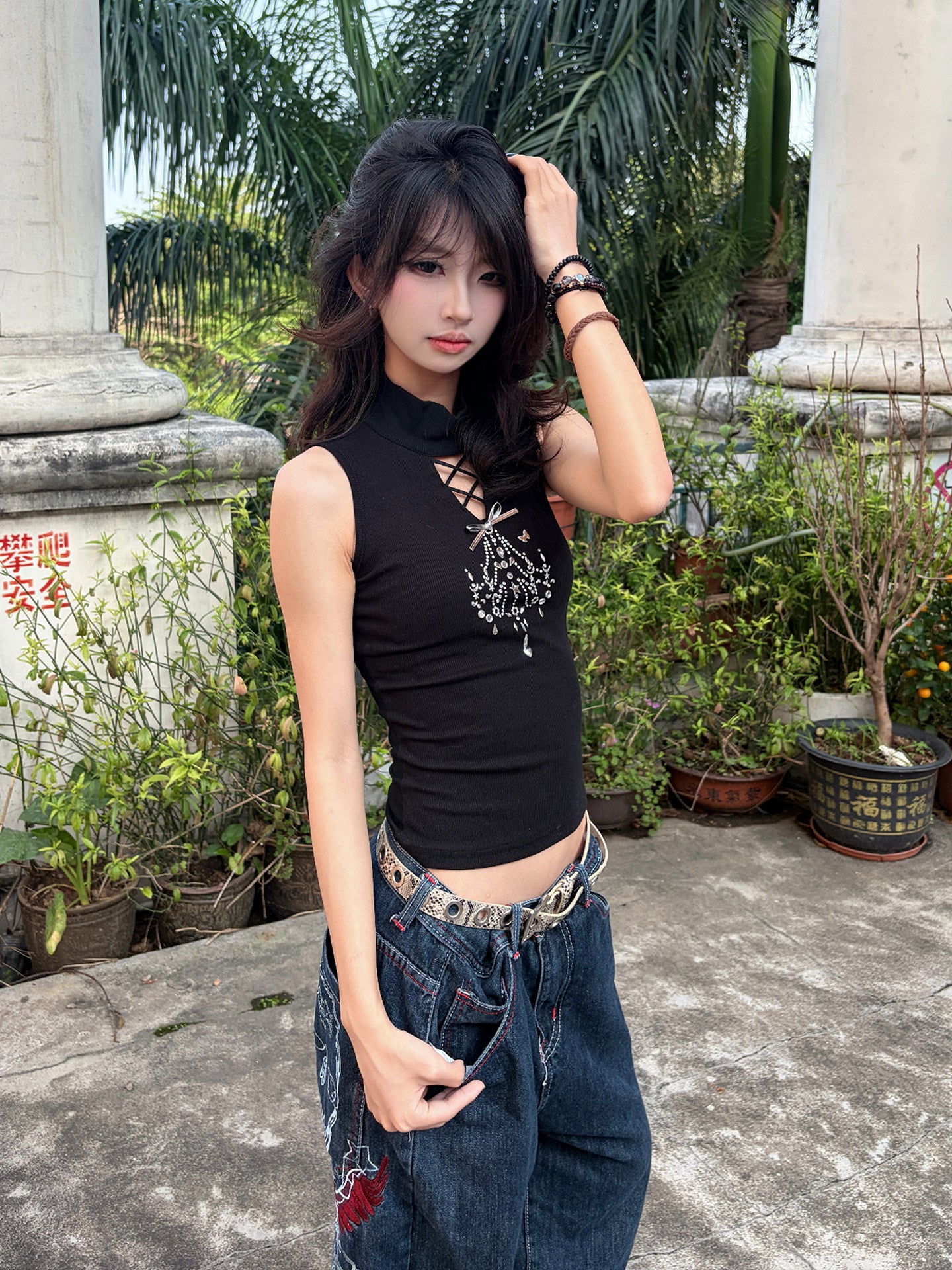 Black Lace-Up Cutout Silver Bow Chandelier Rhinestone High-Neck Top
