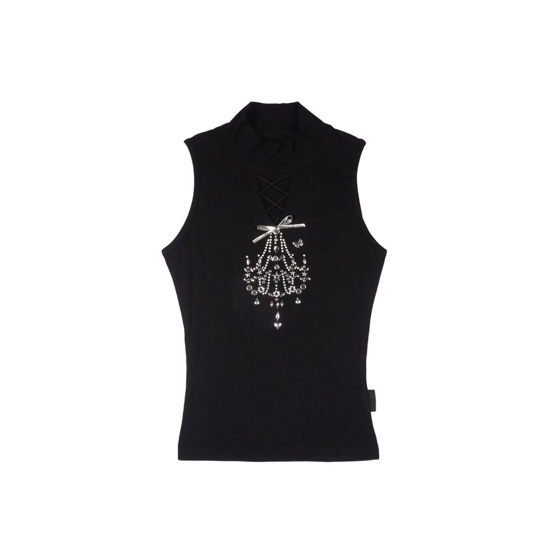 Black Lace-Up Cutout Silver Bow Chandelier Rhinestone High-Neck Top