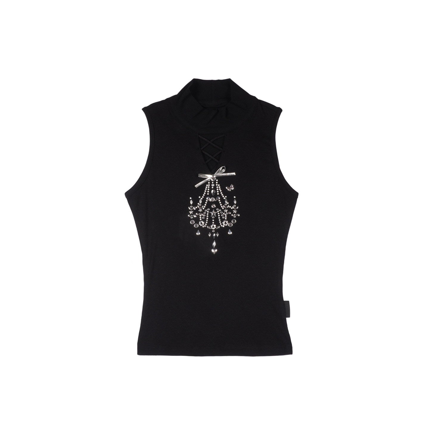 Black Lace-Up Cutout Silver Bow Chandelier Rhinestone High-Neck Top