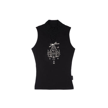 Black Lace-Up Cutout Silver Bow Chandelier Rhinestone High-Neck Top