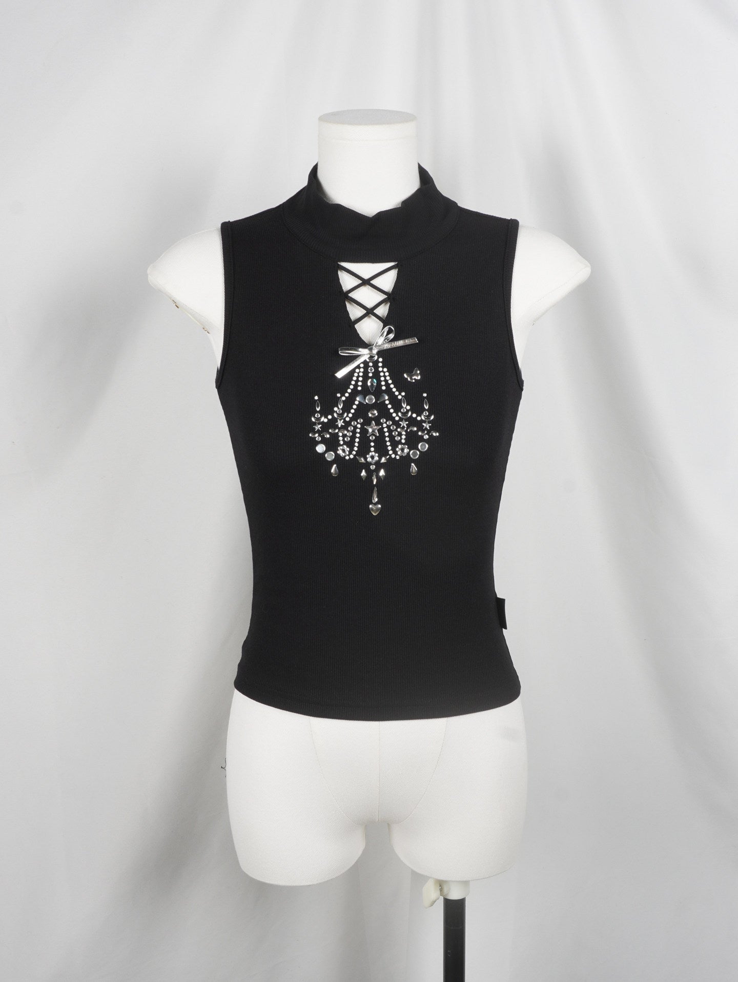 Black Lace-Up Cutout Silver Bow Chandelier Rhinestone High-Neck Top