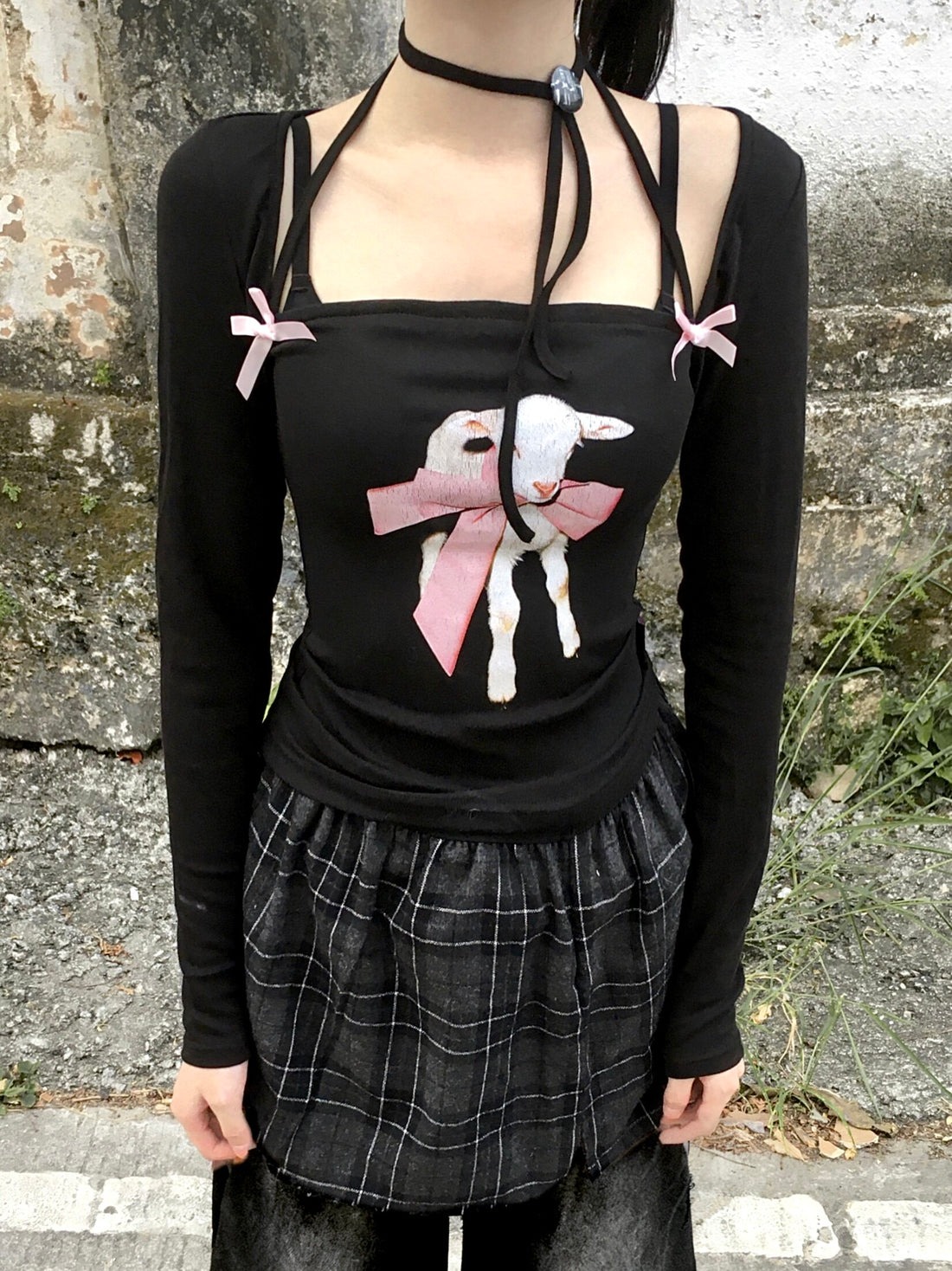Black Lamb Bow Print Halter Cutout Fitted Long Sleeve Top