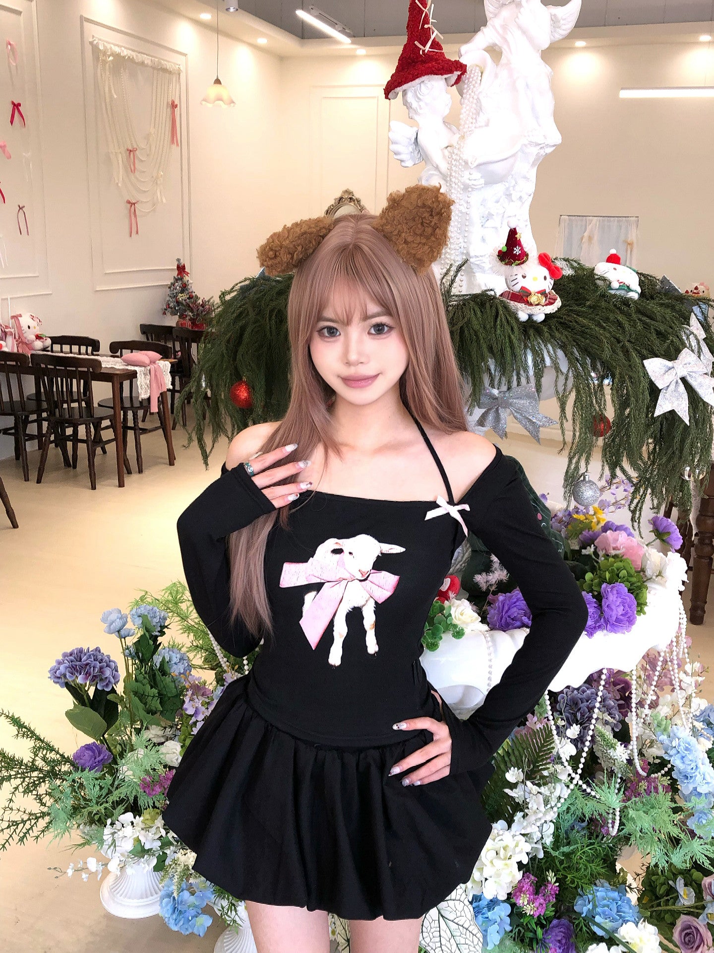 Black Lamb Bow Print Halter Cutout Fitted Long Sleeve Top