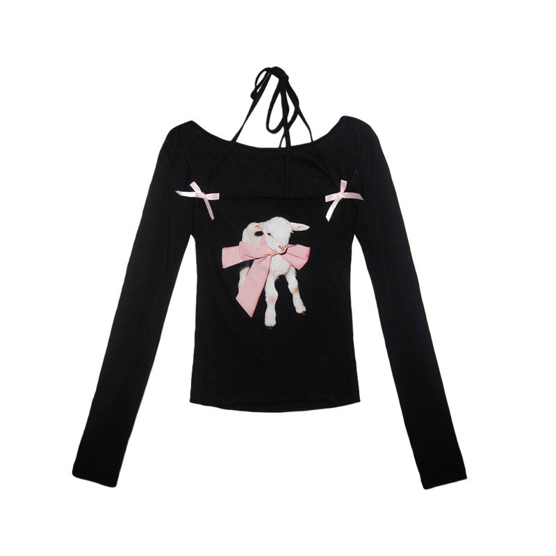 Black Lamb Bow Print Halter Cutout Fitted Long Sleeve Top
