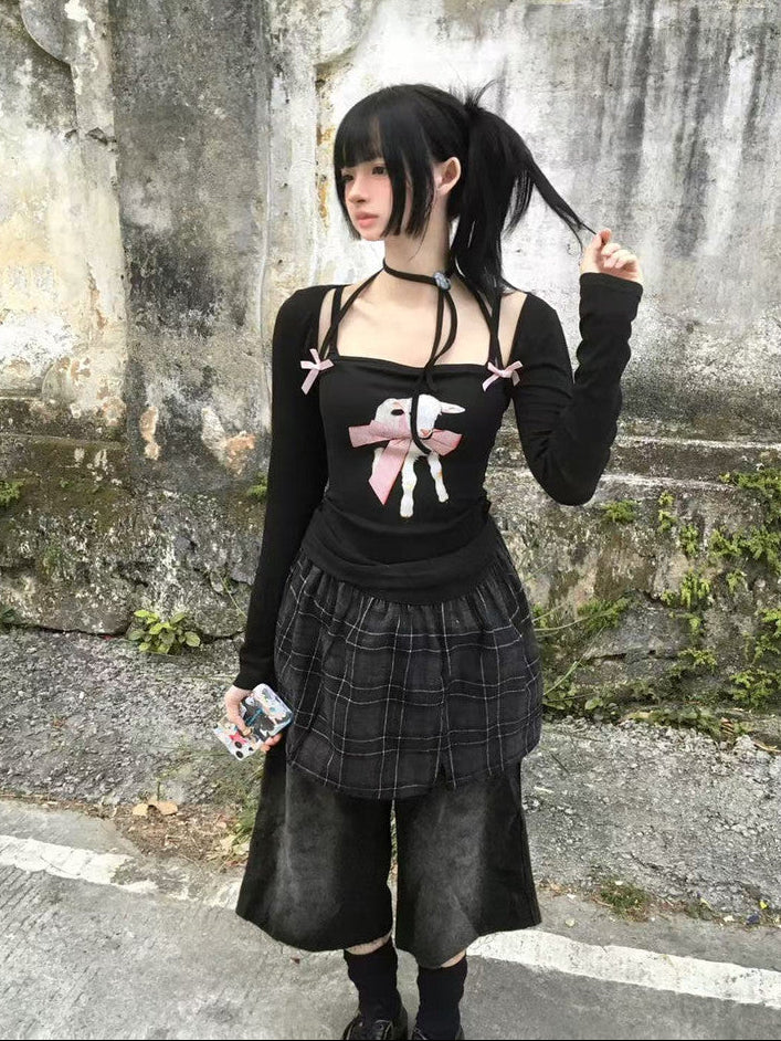 Black Lamb Bow Print Halter Cutout Fitted Long Sleeve Top