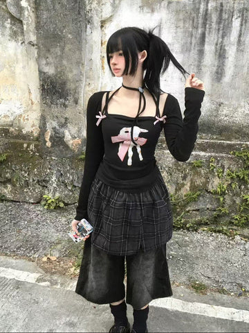 Black Lamb Bow Print Halter Cutout Fitted Long Sleeve Top