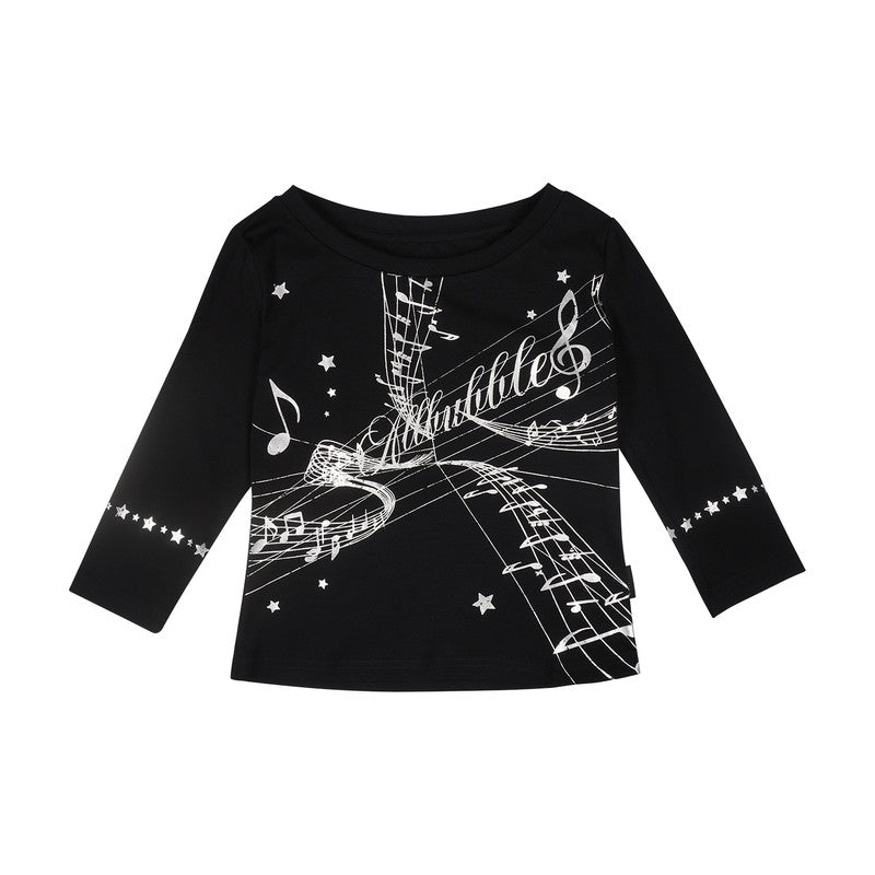 Black Music Score Silver Print Half Sleeve Top