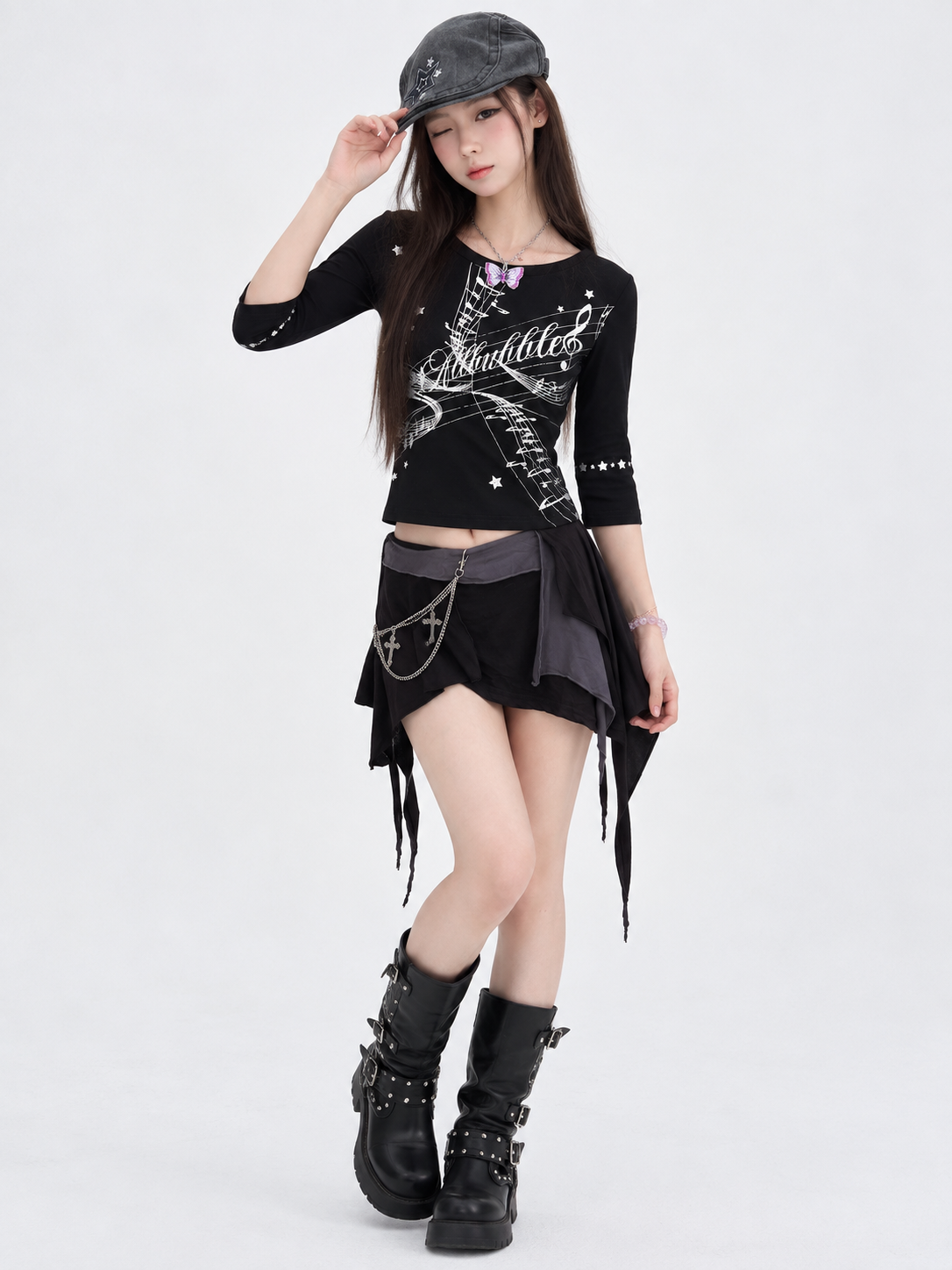 Black Music Score Silver Print Half Sleeve Top