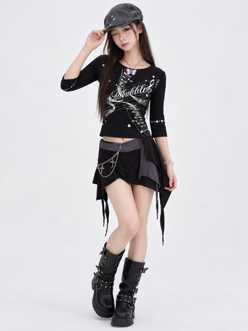 Black Music Score Silver Print Half Sleeve Top