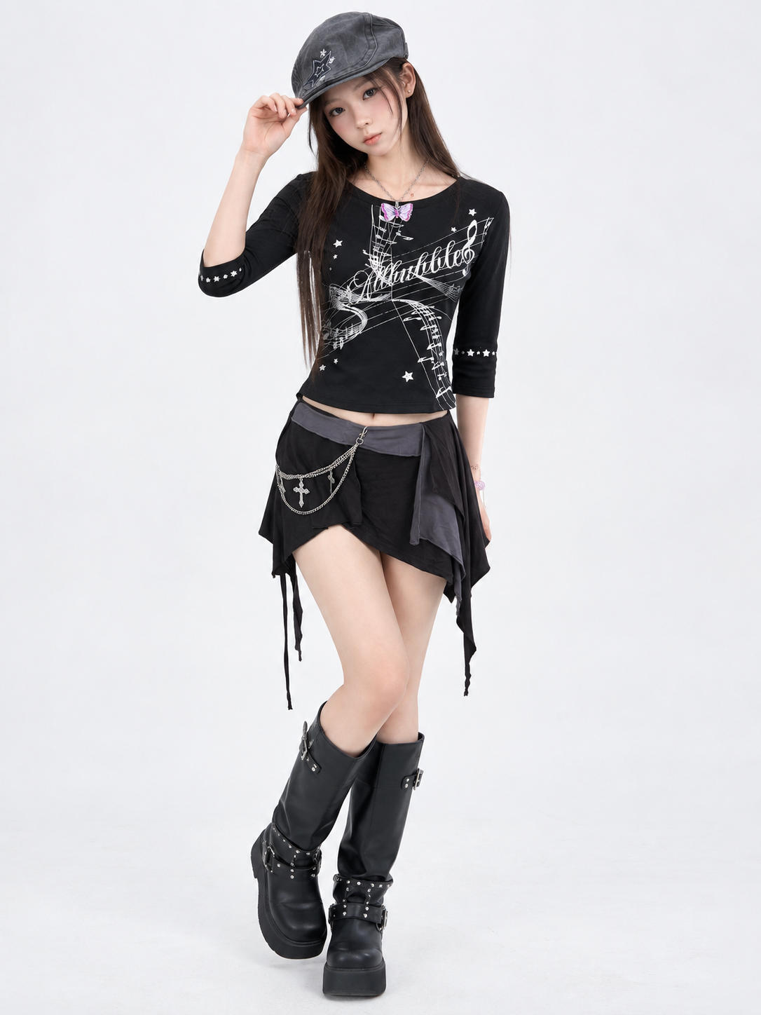 Black Music Score Silver Print Half Sleeve Top