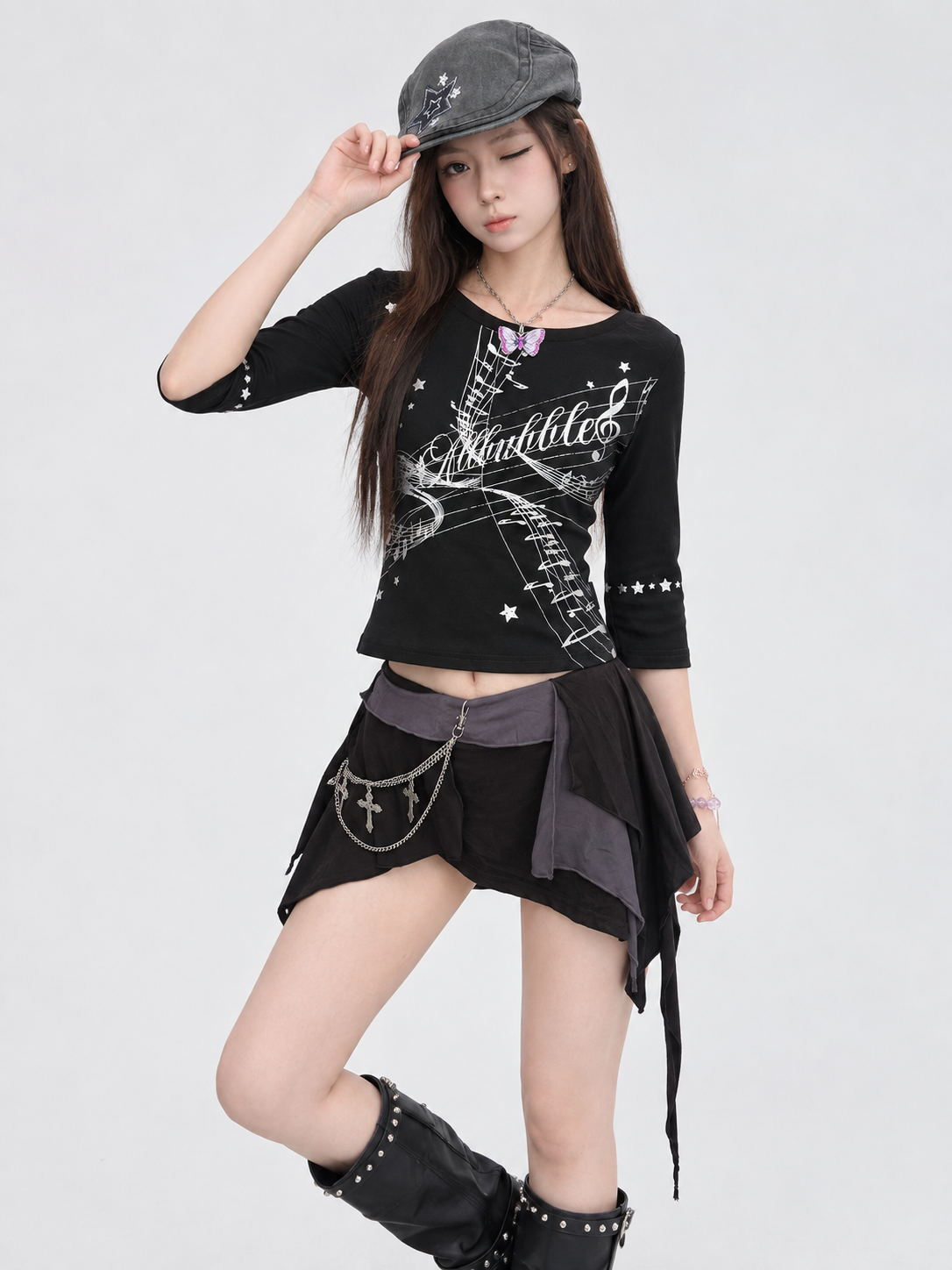 Black Music Score Silver Print Half Sleeve Top